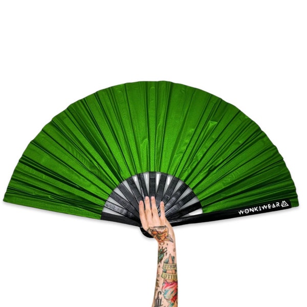 XL Festival Fan Shimmery Metallic Green PVC, Matte, big folding hand held fan for raves & festivals. Summer, holiday, concerts, pride, LGBTQ