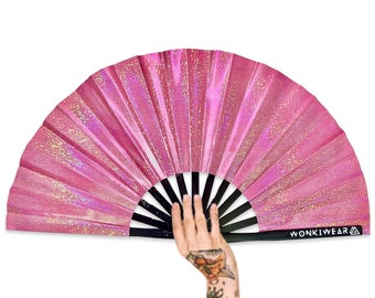 Personalised Folding Fan, Holographic Pink, big small foldable hand fan raves, festivals, concerts, weddings, pride, drag, dance, clack UK