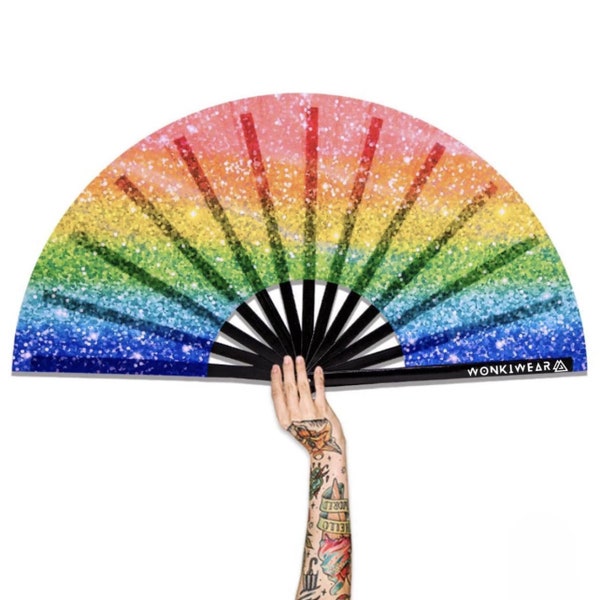 XL Festival Fan - UV Blacklight Reactive, Rainbow Glitter, big folding hand fan for raves and festivals. Summer pride carnival accessory UK