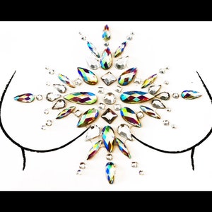 Genuine WonkiWear Aphrodite Chest Jewels. Stick on Body Gems for music festivals and raves. Clear party adhesive glitter