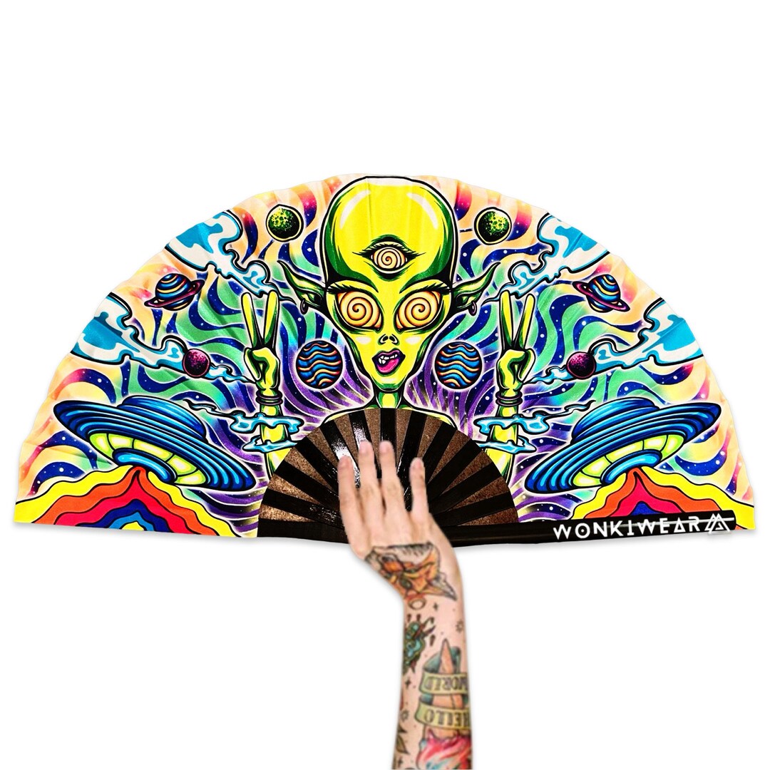 XL Festival Fan - Silky Alien Trip, Big Folding Hand Fan for Raves ...