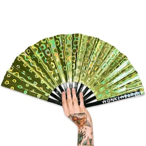XL Festival Fan Holographic, Yellow, big folding hand held fan for raves & festivals. Summer beach holiday accessory, pride and carnivals UK