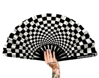 XL Festival Fan Black & White Chequered Flag, big folding bamboo hand held fan for raves, festivals. Summer, holiday, concerts, carnival UK