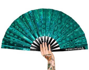XL Festival Fan Holographic, Green, big folding hand held fan for raves & festivals. Summer beach holiday accessory, pride and carnivals UK