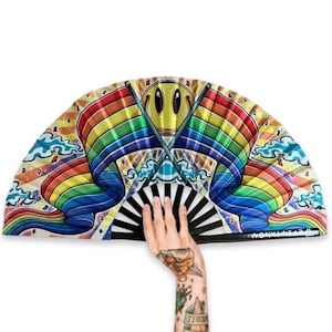 XL Festival Fan - Silky Happy Pride, big folding hand fan for raves & festivals. Summer beach holiday accessory, gay pride drag shows UK