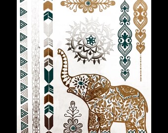 Genuine WonkiWear Temporary Flash Tattoos - Zazen Elephant, bands, henna (Metallic Gold, Silver & Teal)