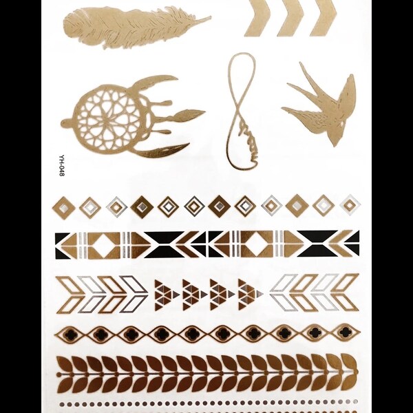 Genuine WonkiWear Temporary Flash Tattoos - Presence, bands, feather, birds, Dream catcher, henna (Metallic Gold, silver and black)