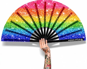 XL Festival Fan - UV Blacklight Reactive, Rainbow Glitter, big folding hand fan for raves and festivals. Summer pride carnival accessory UK