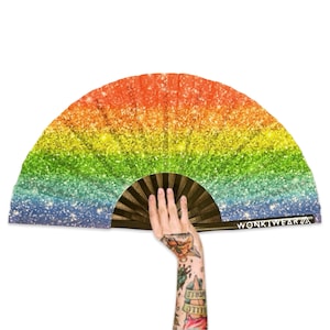 XL Festival Fan - UV Blacklight Reactive, Rainbow Glitter, big folding hand fan for raves and festivals. Summer pride carnival accessory UK