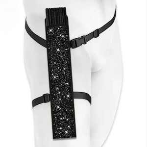 Fan Holster for 13.5 inch long folding hand held fans. Glitter shimmer leg and waist holsters in black or silver. fan pouch, fan bag UK