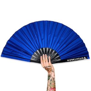 Personalisierter Faltfächer, blau schimmernder, großer faltbarer Handfächer für Raves, Festivals, Konzerte, Hochzeiten, Stolz, Ziehen, Tanzen, Klack, UK