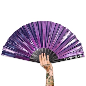 XL Festival Fan Iridescent, Party Purple, big folding hand fan for raves & festivals. Summer beach holiday accessory UK