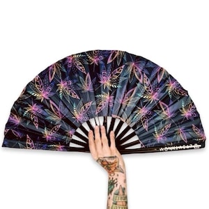 XL Festival Fan - UV Blacklight Reactive, Mary Jane, big folding hand fan for raves & festivals. Summer beach holiday accessory UK