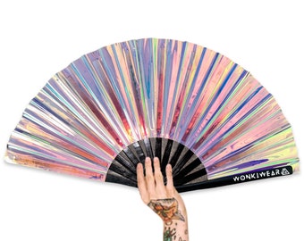 XL and Medium size Festival Fan, Iridescent Mermaid Wishes, big folding hand fan for raves & festivals. Summer beach holiday accessory UK