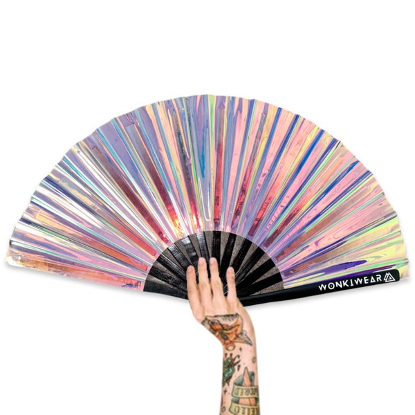 XL and Medium size Festival Fan, Iridescent Mermaid Wishes, big folding hand fan for raves & festivals. Summer beach holiday accessory UK
