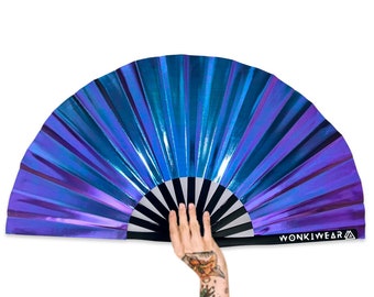 XL Foldable Hand Fan - Galaxy Range, Neptune iridescent Blue, Teal and Purple, big folding hand held fan for raves, festivals, drag, pride