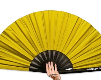 XL Festival Fan Shimmery Metallic Gold PVC, Matte, big folding hand held fan for raves & festivals. Summer, holiday, concerts, pride, LGBTQ+