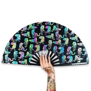 XL Festival Fan Flash Reflective, Tigress, big folding hand fan for raves & festivals. Summer beach holiday accessory UK