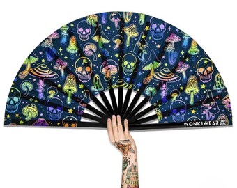 XL Festival Fan - UV Blacklight Reactive, skulls and mushrooms big folding hand fan for raves & festivals. Summer beach holiday accessory UK