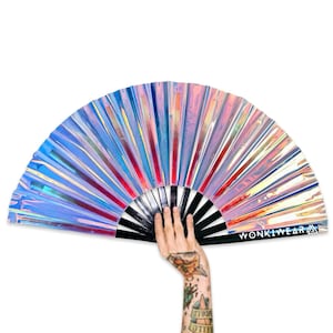 XL and Medium size Festival Fan, Iridescent Mermaid Wishes, big folding hand fan for raves & festivals. Summer beach holiday accessory UK