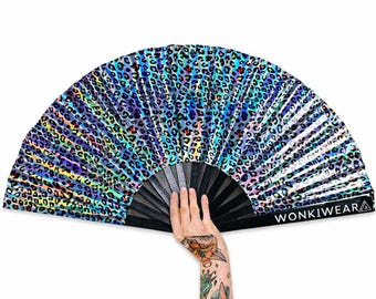 XL Folding Fan Iridescent, multicoloured leopard print, big foldable hand fan for raves & festivals. Pride, Carnival, drag, flamboyant UK