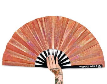 XL Foldable Hand Fan - Galaxy Range, Venus Holographic Metallic Orange, big folding hand held fan for raves, festivals, drag, pride, concert