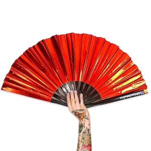 XL Festival Fan Iridescent, Raunchy Red, big folding hand fan for raves & festivals. Summer beach holiday accessory UK