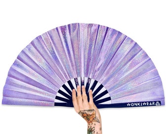 Personalised Folding Fan, Holographic Lilac, big small foldable hand fan raves, festivals, concerts, weddings, pride, drag, dance, clack UK