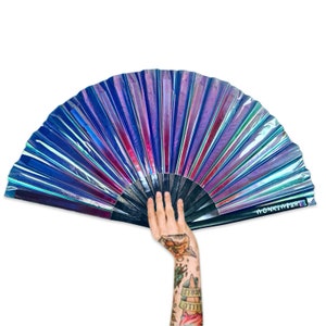 XL Festival Fan Iridescent, blue temptress, big folding hand fan for raves & festivals. Summer beach holiday accessory UK