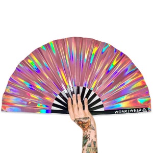 Personalised Folding Fan, Iridescent Pink, big small foldable hand fan raves, festivals, concerts, weddings, pride, drag, dance, clack UK