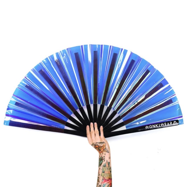 XL Festival Fan Iridescent, blue temptress, big folding hand fan for raves & festivals. Summer beach holiday accessory UK