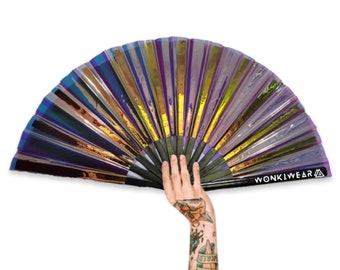 XL Festival Fan Iridescent, Bronzed, big folding hand fan for raves & festivals. Summer beach holiday accessory UK