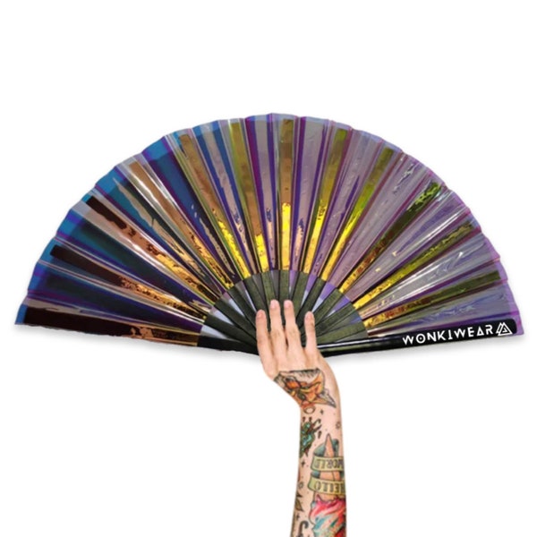 XL Festival Fan Iridescent, Bronzed, big folding hand fan for raves & festivals. Summer beach holiday accessory UK