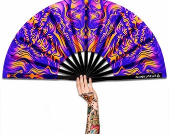 XL Handheld Folding Festival Fan, UV Blacklight Reactive, Sunset Session, big folding hand fan for raves, music festivals Pride, Carnival UK