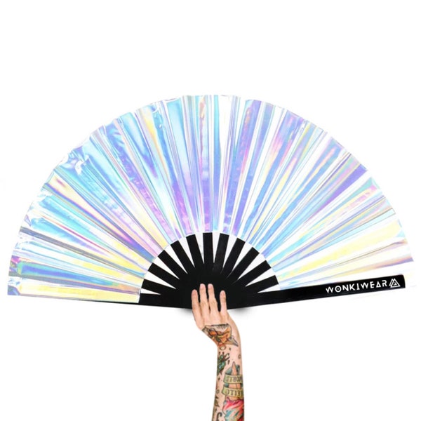 XL Festival Fan Iridescent, silver stardust, big folding hand fan for raves & festivals. Summer beach holiday accessory UK