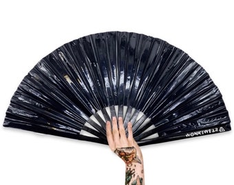 XL Festival Fan PVC, Black Raven, big folding hand fan for raves & festivals. Summer beach holiday wet look latex gothic accessory UK