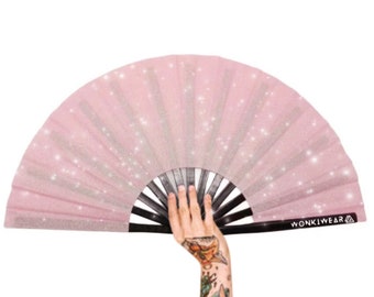 XL Festival Fan Glitter, Light baby pink, big folding handheld fan for raves & festivals. Summer beach holiday accessory, pride, carnival UK