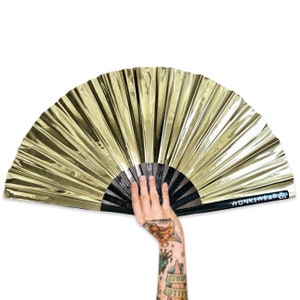XL Festival Fan Metallic PVC, Gold Digger, big folding hand fan for raves & festivals. Summer beach holiday wet look, shiny accessory UK