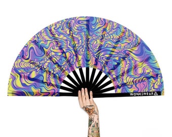 XL Festival Fan - UV Blacklight Reactive, psychedelic maze, big folding hand fan for raves and festivals. Summer beach holiday accessory UK