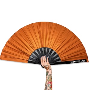 Personalised Folding Fan, Orange Shimmery, big large foldable hand fan for raves, festivals, concerts, weddings, pride, drag, dance party UK