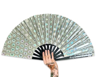 XL Festival Fan Holographic, Silver, big folding hand held fan for raves & festivals. Summer beach holiday accessory, pride and carnivals UK