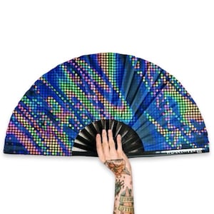 XL Festival Fan - UV Blacklight Reactive, microdots, big folding hand fan for raves & festivals. Summer beach holiday accessory UK