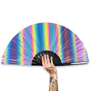 XL Festival Fan Flash Reflective, Oil Slick, big folding hand fan for raves & festivals. Summer beach holiday accessory UK