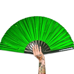 Personalised Folding Fan, Green Shimmery, big large foldable hand fan for raves, festivals, concerts, weddings, pride, drag, dance, clack UK