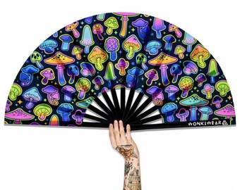 XL Festival Fan - UV Blacklight Reactive, rainbow mushrooms big folding hand fan for raves & festivals. Summer beach holiday accessory UK