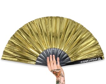 XL Festival Fan Metallic PVC, Gold Digger, big folding hand fan for raves & festivals. Summer beach holiday wet look, shiny accessory UK