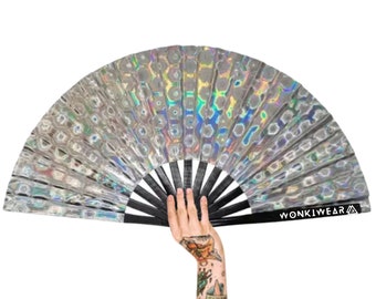 XL Festival Fan Holographic, Silver, big folding hand held fan for raves & festivals. Summer beach holiday accessory, pride and carnivals UK