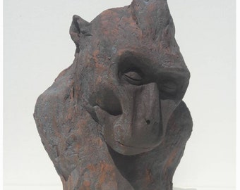 Crested macaque sketch sculpture. High fired Terracotta sculpture