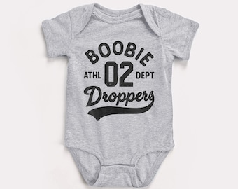 Boobie Droppers Baby Bodysuit - BabyDoopy - Cute Funny Retro Sports Baseball Nursing Graphic Print