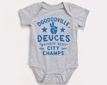 Doodooville Deuces Baby Bodysuit - BabyDoopy - Cute Funny Retro Baseball Sports Graphic Print